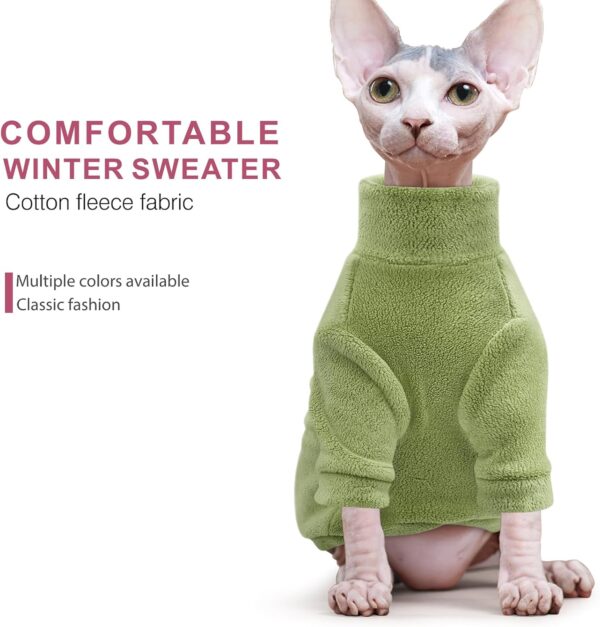 Idepet Sphynx Cats Clothes Winter,Hairless Cat Turtleneck Sweater Soft Coral Fleece Outfit Coat Warm Shirt Kitten Apparel with Sleeves Pullover Pet Winter Pajamas Jumpsuit (Green, Small) - Image 5