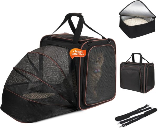 Cat Travel Carrier with Litter Box, Cat Carrier for Car Travel, Expandable Cat Carrier with Travel Litter Box, Soft Sided Cat Carrier for Cats/Puppies, Pet Crate for Car Travel Black