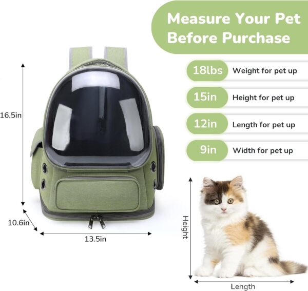 Cat Backpack Carrier for Cats and Small Dogs, Breathable Cat Bubble Backpack, Airline Approved Pet Travel Carrier for Hiking Camping & Outdoor(Green) 1 - Image 6