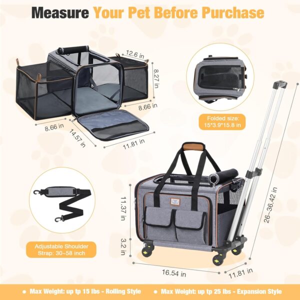 Lekereise Airline Approved Cat Dog Carrier with Wheels Expandable Rolling Pet Carrier for Medium Dogs and Cats Under 15 25LBS, Pet Travel Carrier on Wheels, Grey - Image 7