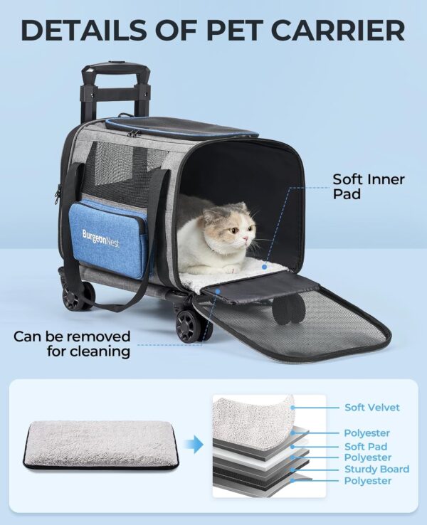 BurgeonNest Cat Carrier with Wheels, Airline Approved Pet Carrier for Cats Dogs 15 lbs with Telescopic Handle, Small Dog Carrier with Wheels Removable, Soft Rolling Cat Carrier with Large Pocket - Image 5