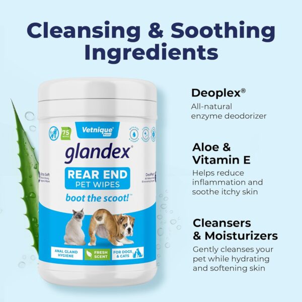 Vetnique Labs Glandex Dog Wipes for Pets Cleansing & Deodorizing Anal Gland Hygienic Wipe​s for Dogs & Cats with Vitamin E, Skin Conditioners and Aloe (75ct) - Image 4