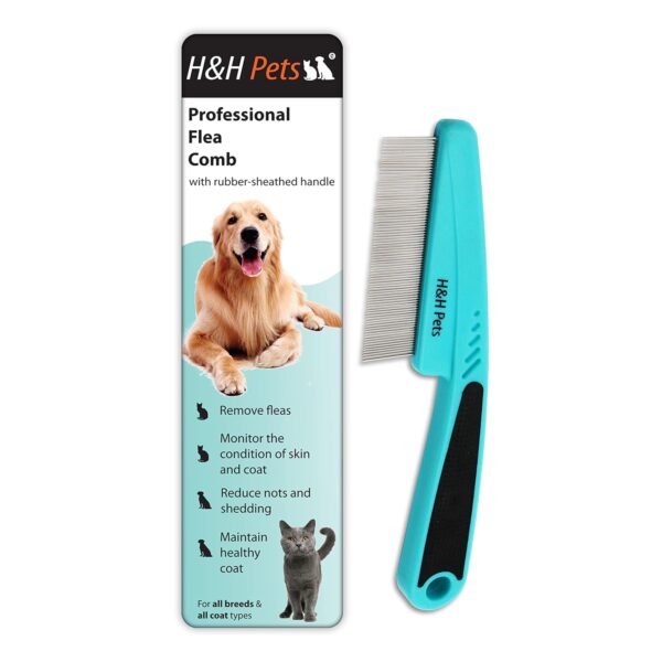 Pin Comb by H&H Pets - Upgraded Rubber Handle Dog Hair Comb, Flea Comb, Long and Short Teeth Comb for Dogs & Cats, Cat Grooming Supplies, Dog Accessories, Dog Grooming Kit, 1 Count (Pack of 1) - Image 2