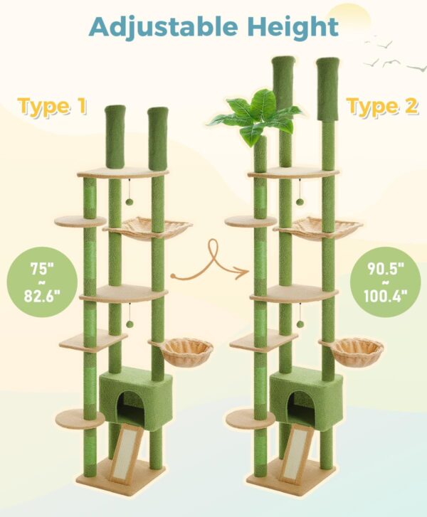 PEQULTI Tall Cat Tree, Floor to Ceiling Cat Tree Tower Adjustable [90.5''~100.4''=230~252CM] with Cat Condo, Cat Hammock and Scratching Post, Cat Climbing Tree for Indoor Large Cats, Green - Image 5