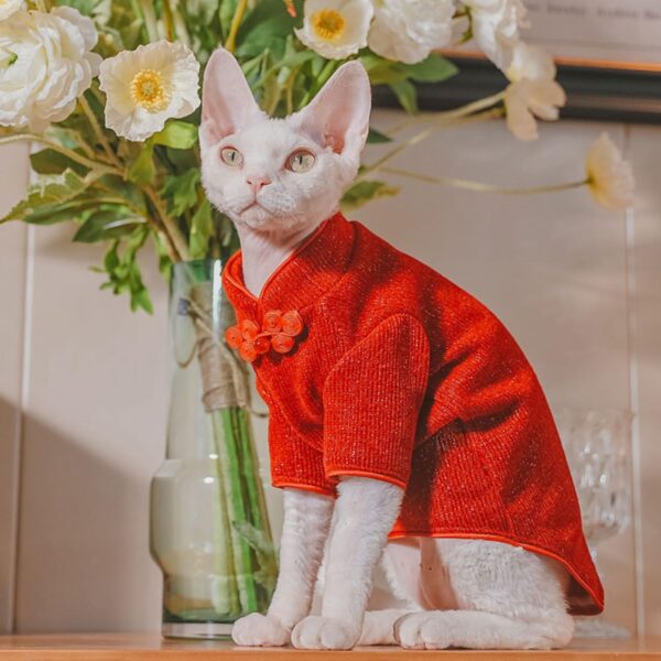 Traditional Culture Sphynx Hairless Cat Cotton T-Shirts Cat Clothes Pet Sweater Cat Vest Pet Clothes Kitten Shirts Cats & Small Dogs Apparel (Red Chi-Pao, XL (9-13 lbs)) - Image 2