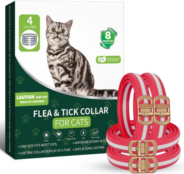 4 Pcs Flea and Tick Collar for Cats, Waterproof Flea Collar for Cats, 8 Months Flea and Tick Prevention for Cats, Red and White Cat Flea Collar for Small Medium Large Cat