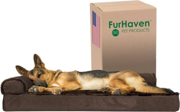 Furhaven Orthopedic Dog Bed for Large Dogs w/ Removable Bolsters & Washable Cover, For Dogs Up to 95 lbs - Plush & Velvet L Shaped Chaise - Sable Brown, Jumbo/XL