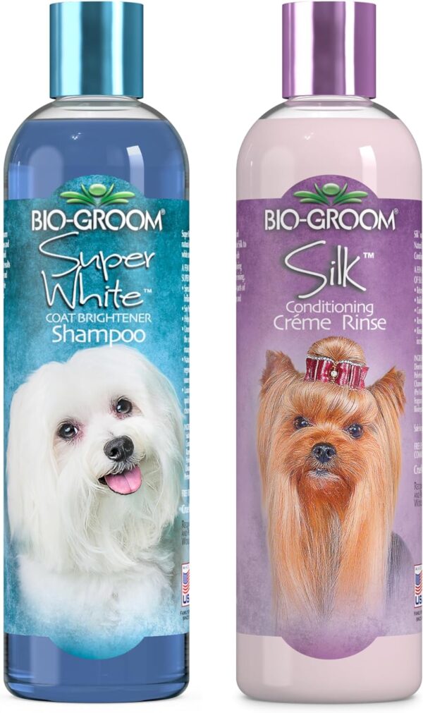 Bio-Groom Super White Shampoo and Silk Creme Rinse Conditioner - Dog Bathing Supplies, Puppy Shampoo, Puppy Conditioner, Cat & Dog Grooming Supplies for Sensitive Skin - 12 Fl Oz Each, 1-Pack