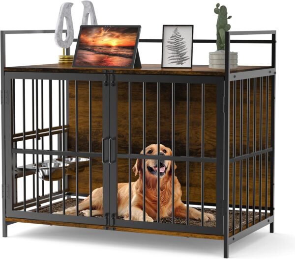 ROOMTEC Dog Crate Furniture-Style Cages for Large Dogs Indoor Heavy Duty Super Sturdy Dog Kennels with 2 Stainless Steel Bowls (48Inch = Int.dims: 46" W x 29" D x 35.5" H)