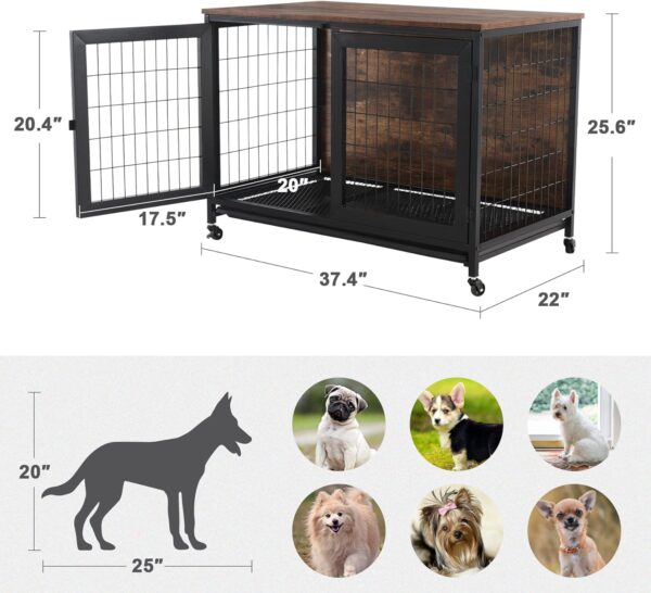 CO-Z Dog Crate Furniture with Wheels, 37" Wooden Dog Kennel for Small/Medium Dogs, Indoor Dog Crate End Table Pet Dog Cage House, Two-Way Access & Bottom Tray, Rustic Brown - Image 6