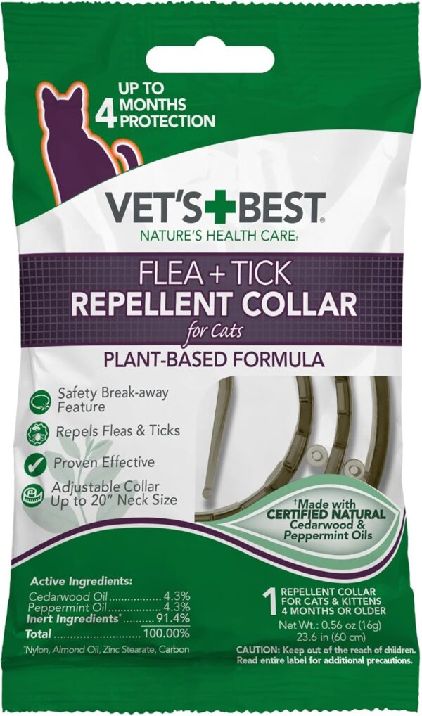 Vet's Best Flea and Tick Repellent Collar for Cats - Flea and Tick Prevention for Cats - Plant-Based Ingredients - Certified Natural Oils - Up to 20” Neck Size