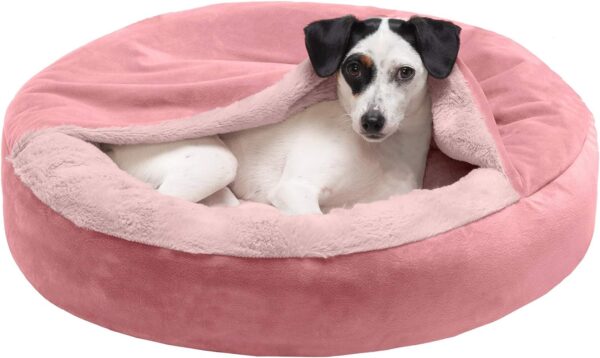 Furhaven 24" Round Calming Donut Dog Bed for Indoor Cats & Small Dogs, Washable, For Dogs Up to 20 lbs - Plush Velvet Waves Hooded Donut Bed - Rose Pink, Small