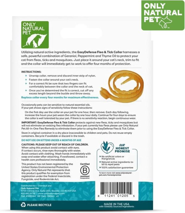 Only Natural Pet EasyDefense Flea & Tick Cat Collar - Feline Flea Collars Flea and Tick Control - Pet Flea Care That Protects up to 4 Months - for Cats (Single) - Image 2