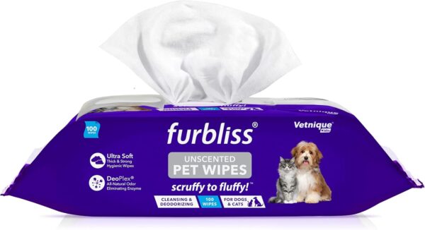 Vetnique Labs Furbliss Hygienic Pet Wipes for Dogs & Cats, Cleansing Grooming & Deodorizing Hypoallergenic Thick Wipes with All Natural Deoplex Deodorizer (Unscented, 100ct Pouch) - Image 3