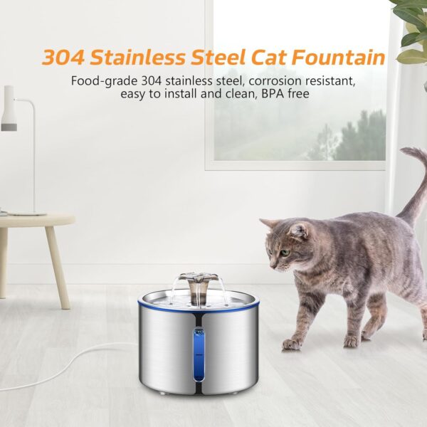 Cat Water Fountain, BOORCA 84oz/2.5L Stainless Steel Pet Water Fountain, Automatic Dog Water Dispenser with Water Level Window, Ultra-Quiet Pump, Perfect for Cats, Dogs and Multiple Pets - Image 2