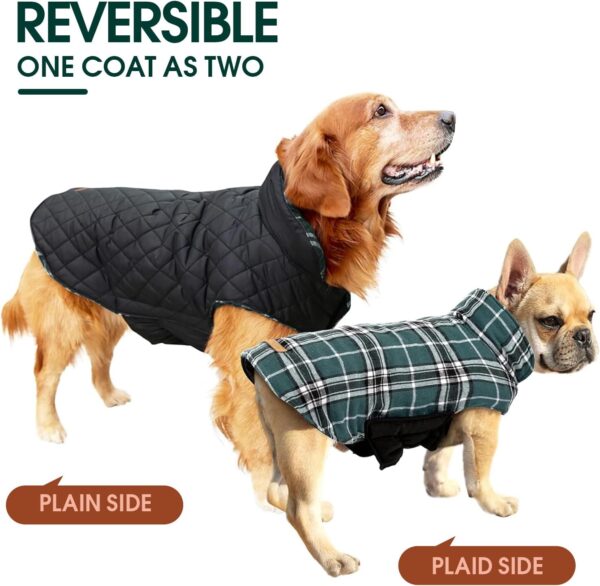 Kuoser Warm Dog Coat, Reversible Dog Jacket Waterproof Dog Winter Coat British Style Plaid Dog Clothes Pet Dog Cold Weather Coats Cozy Snow Jacket Vest for Small Medium Large Dogs Green XL - Image 4