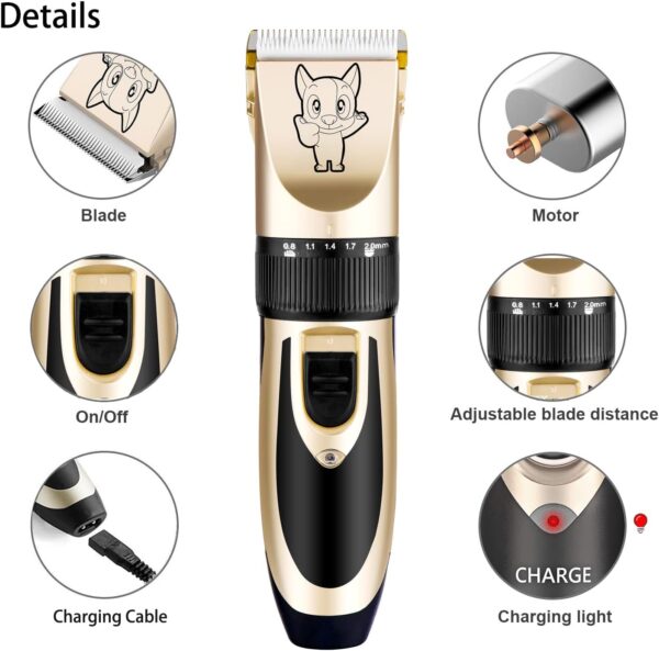 Dog Grooming Kit Clippers, Low Noise, Electric Quiet, Rechargeable, Cordless, Pet Hair Thick Coats Clippers Trimmers Set, Suitable for Dogs, Cats, and Other Pets (Gold) - Image 6