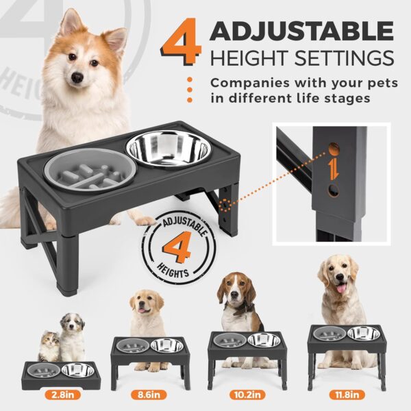 Elevated Dog Bowls with Slow Feeder, 4 Adjustable Heights Raised Dog Bowl Stand with Two 1.3L Stainless Steel Food & Water Bowls, Adjusts to 2.8”, 8.6”, 10.2”, 11.8” for Large Medium, Small Dog & Cats - Image 2