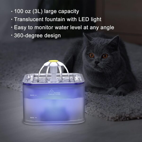 Crystal Cat Water Fountain Stainless Steel, 101oz/3L Pet Fountain with LED Light for Cats and Dogs (Grey) - Image 2