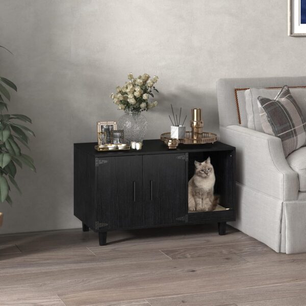 GDLF Modern Wood Pet Crate Cat Washroom Hidden Litter Box Enclosure Furniture House as Table Nightstand with Scratch Pad,Stackable (Black) - Image 3