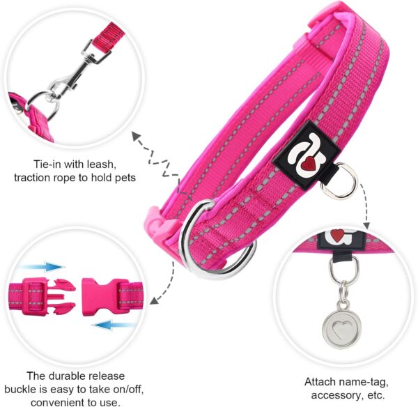 azuza Reflective Dog Collar,Soft Neoprene Padded Pet Collar with ID Tag Ring,Adjustable for Small Dogs,Hot Pink,S - Image 2