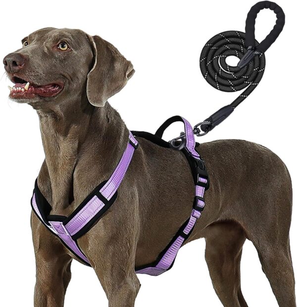 Patas Lague No Pull Dog Harness for Large Dogs, Soft Adjustable Step in No Choke Dog Harness and Leash Set, Reflective Solid Dog Vest Harness with Buckle Lock, Purple XL