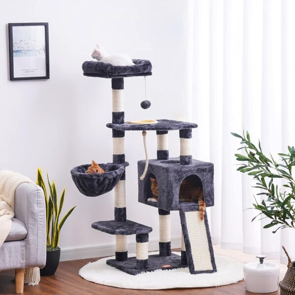 Heybly Cat Tree, Cat Tower for Indoor Cats with Scratching Board, Multi-Level Cat Furniture Condo with Feeding Bowl Smoky Gray HCT010G - Image 2