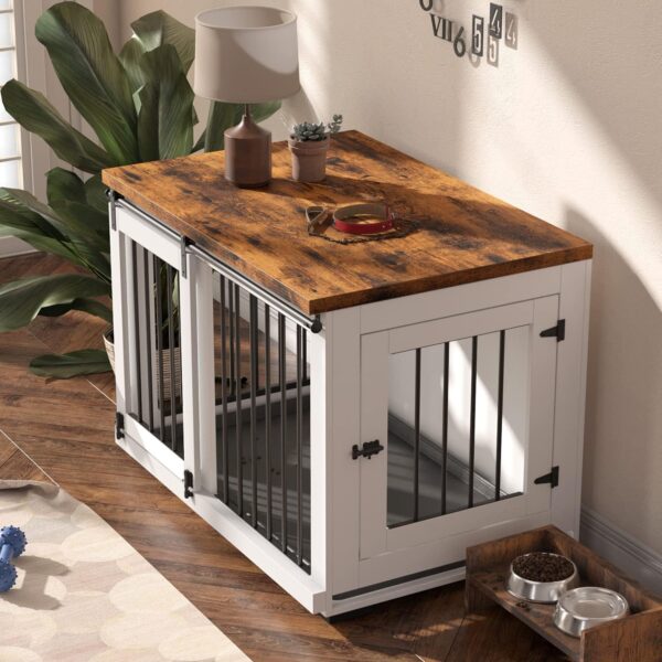 Dog Crate Furniture for Large Dogs Up to 60 lbs. - Barn Door Puppy Kennel w/Thickened Farmhouse Top & Metal Bars - 37'' Wide - White Decorative Modern Dog Crate Table, End Table, Nightstand - Image 2