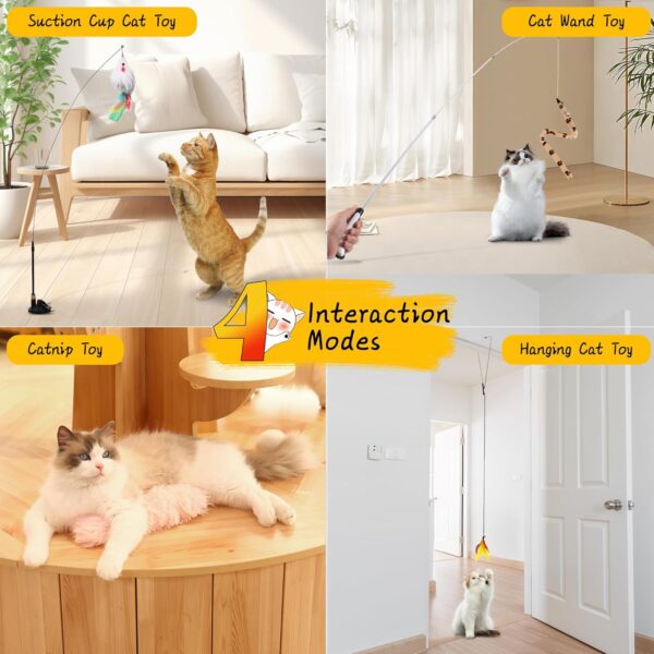 4-in-1 Interactive Cat Feather Toys Durable Retractable Fishing Pole Cat Toy Enhanced Suction Cup Cat Catnip Toy 14 Wand Replacement Door Hanging Cat String Toy for Bored Indoor kitten - Image 5