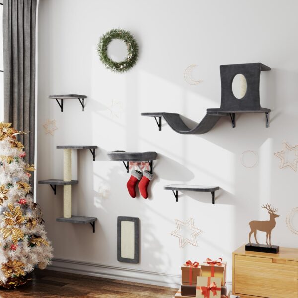 Cat Wall Shelves, 6 Pcs Luxury Wall-Mounted Cat Climber Set, Indoor Cat Furniture with 1 Cat Condos House, 2 Cat Wall Shelves, 1 Cat Scratching Post, 1 Cat Bridge Ladder (BLACK)