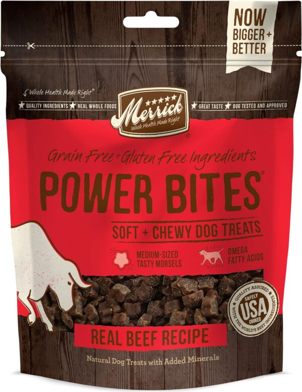 Merrick Power Bites Natural Soft And Chewy Real Meat Dog Treats, Grain Free Snack With Real Beef Recipe - 6 oz. Bag