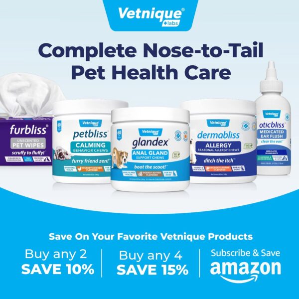 Vetnique Labs Furbliss Hygienic Pet Wipes for Dogs & Cats, Cleansing Grooming & Deodorizing Hypoallergenic Thick Wipes with All Natural Deoplex Deodorizer (Unscented, 100ct Pouch) - Image 6