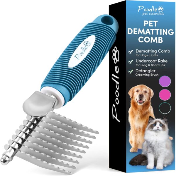 Poodle Pet Dematting Fur Rake Comb Brush Tool - Dog and Cat Comb with Long 2.5 Inches Steel Safety Blades for Detangling Matted or Knotted Undercoat Hair (Blue, Dematting Comb)