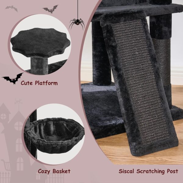 BEWISHOME Gothic Cat Tree with Coffin Bed, Cat Tower for Indoor Cats with Spacious Cat Condo, Sisal Scratching Ramp, Cozy Basket Black Cat House Halloween Pet Furniture Cat Activities Center MMJ92R - Image 4