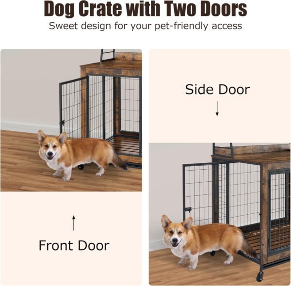 Dog Crate Furniture Table, 37.9 Inch Dog Kennel with Shelves and Removable Tray, Double Doors Heavy Duty Dog Cage, Indoor Wooden Pet Crate with Wheels for Medium Large Dogs, Rustic Brown - Image 4