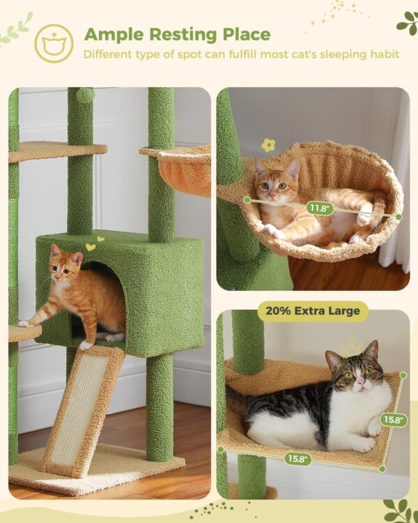 PEQULTI Tall Cat Tree, Floor to Ceiling Cat Tree Tower Adjustable [90.5''~100.4''=230~252CM] with Cat Condo, Cat Hammock and Scratching Post, Cat Climbing Tree for Indoor Large Cats, Green - Image 2