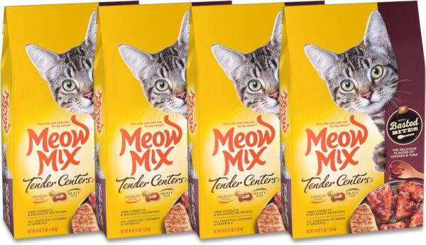 Meow Mix Tender Centers Basted Bites Dry Cat Food, Chicken & Tuna Flavor, 3 Pound (Pack of 4), Crunchy Outside Meaty Inside