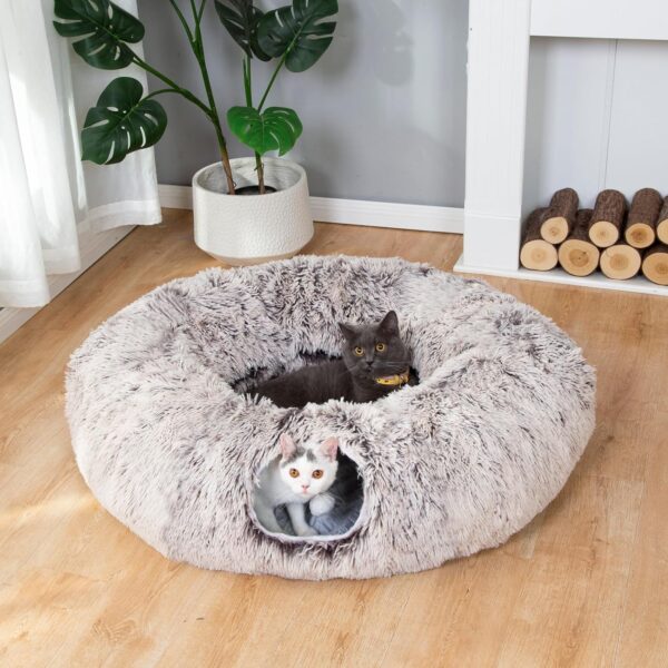 LUCKITTY Warm Fluffy Plush Cat Dog Tunnel Bed with Washable Cushion-Big Tube Playground Toys 3 FT Diameter Longer Crinkle Collapsible 3 Way, for Indoor Cat Kitty Kitten Puppy Rabbit Ferret Brown