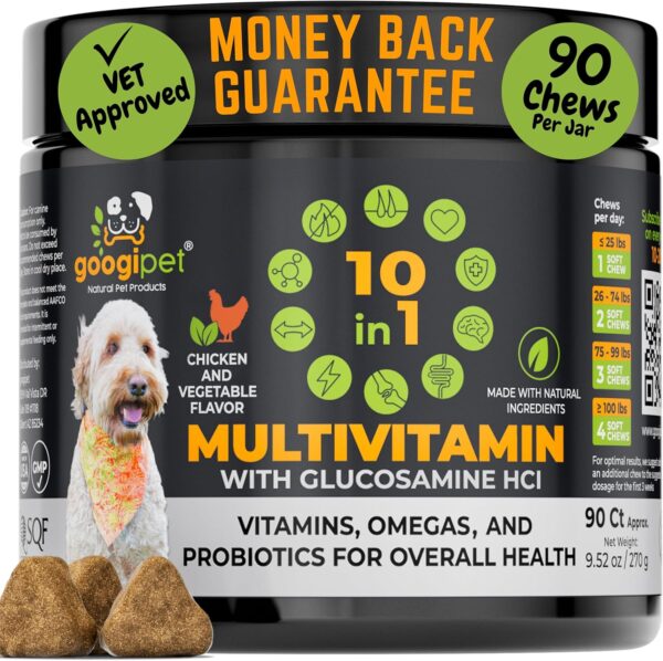 Googipet Premium 10 in 1 Dog Vitamins Multivitamin Chewable w/Dog Probiotics for Gut Health, Dog Vitamins and Supplements w/Vitamin C & Glucosamine for Joint Support (Chicken & Vegetable Flavor)