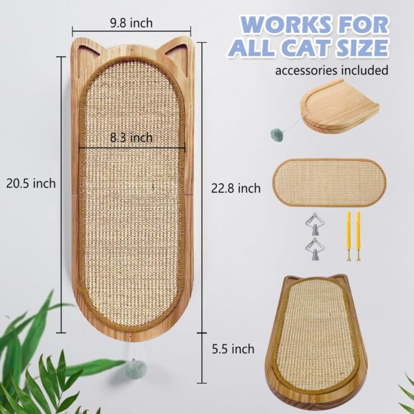 Cat Wall Scratching Post, Sisal Cat Wall Scratcher with Cat Ball Toy, Folding Wall Mount Cat Scratcher, Wood Cat Scratching Board for Couch Protector, Cat Wall Furniture for Cats - Image 2