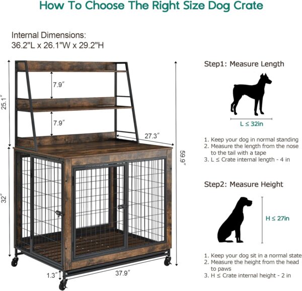 Dog Crate Furniture Table, 37.9 Inch Dog Kennel with Shelves and Removable Tray, Double Doors Heavy Duty Dog Cage, Indoor Wooden Pet Crate with Wheels for Medium Large Dogs, Rustic Brown - Image 7