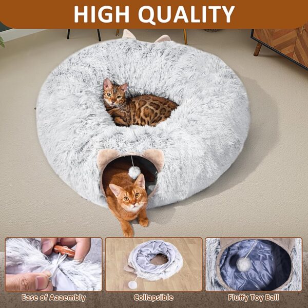 Cat Tunnel with Cat Bed for Indoor Cats, Soft Plush Peekaboo Cat Cave Donut Tunnel, Multifunctional Cat Playground Toys Hideplace for Small Medium Large Cats, Kittens, Rabbit, Ferret (Grey) - Image 5