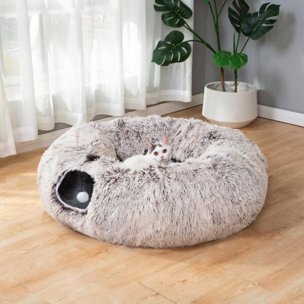 LUCKITTY Warm Fluffy Plush Cat Dog Tunnel Bed with Washable Cushion-Big Tube Playground Toys 3 FT Diameter Longer Crinkle Collapsible 3 Way, for Indoor Cat Kitty Kitten Puppy Rabbit Ferret Brown - Image 4