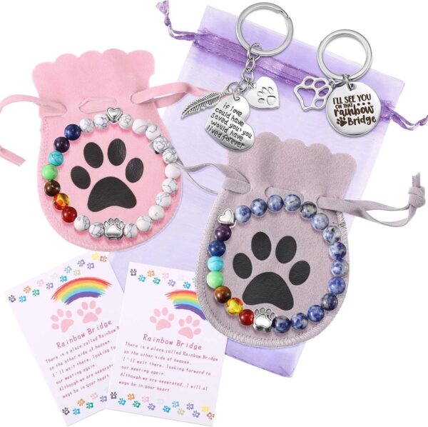 Jadive 9 Pieces Pet Memorial Gifts Set Rainbow Bridge Bracelet Pet Memorial Bracelet Dog Loss Keychain Rainbow Bridge Poem Card with Flannel Organza Bag for Women Men Kids Pet Lovers(Classic Style)