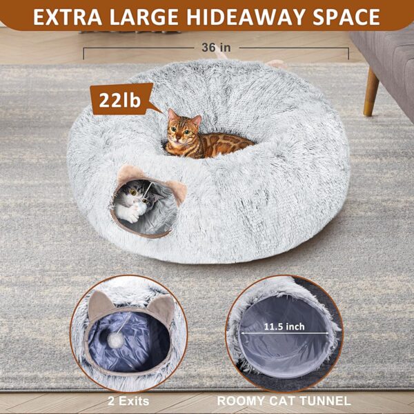 Cat Tunnel with Cat Bed for Indoor Cats, Soft Plush Peekaboo Cat Cave Donut Tunnel, Multifunctional Cat Playground Toys Hideplace for Small Medium Large Cats, Kittens, Rabbit, Ferret (Grey) - Image 4