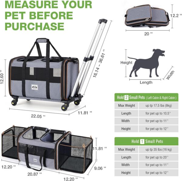 Lekereise Cat Dog Carrier with Wheels for 2 Cats, Expandable Double Cat Carrier with Wheels, Large Rolling Pet Carrier for 1 Large Cat/Dog or 2 Medium Cats, Wheeled Pet Carrier with Telescopic Handle - Image 5