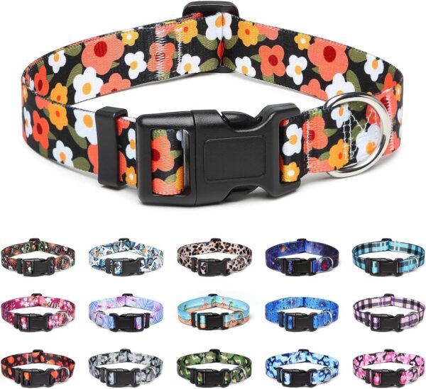 Adjustable Dog Collar with Patterns, Ultra Comfy Soft Nylon Breathable Pet Collar for Small Medium Large Dogs (L, Floral Orange)