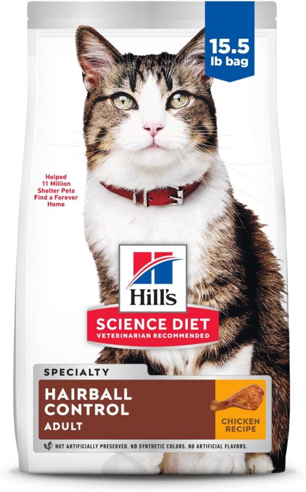 Hill's Science Diet Hairball Control, Adult 1-6, Hairball Control Support, Dry Cat Food, Chicken Recipe, 15.5 lb Bag