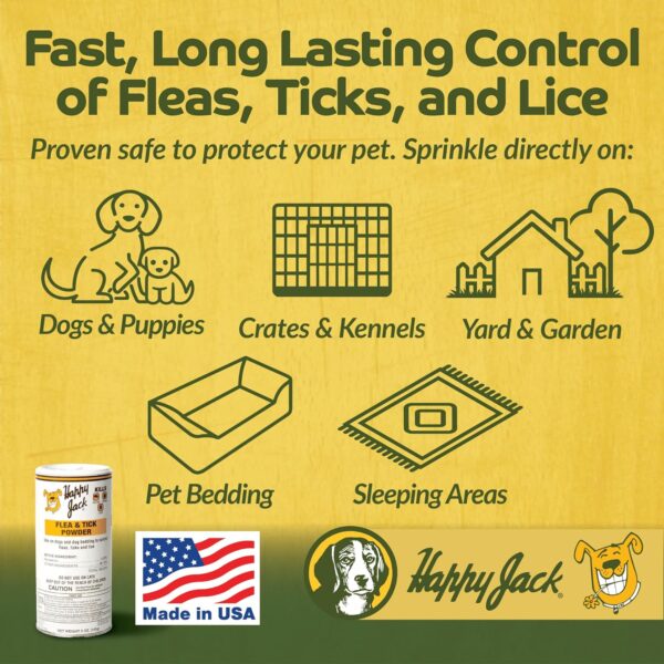 Happy Jack Flea and Tick Powder for Dogs & Puppies, Flea Powder for Carpets, Flea Treatment & Control, Kills Fleas, Ticks & Lice, Odorless & Non-Staining, Dust on Sleeping Quarters & Furniture (5 oz) - Image 5