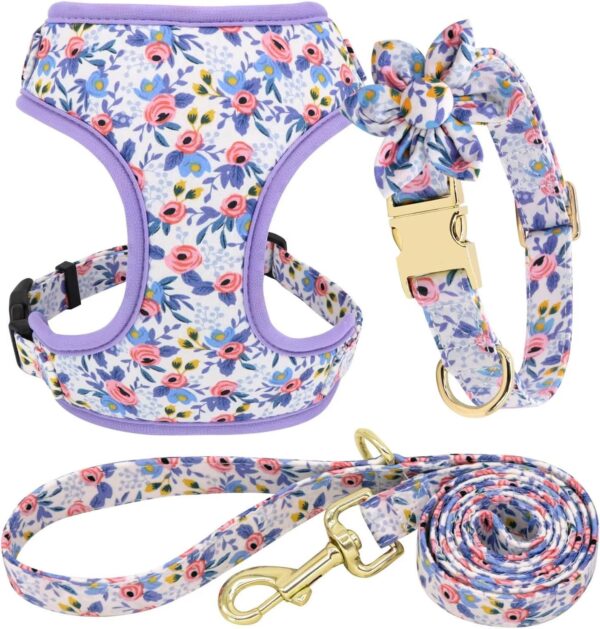 Beirui Cute Girl Dog Collars, Harnesses & Leashes Set - Adjustable Dog Collar and Leash Set with Flower - Soft Mesh Dog Vest Harness for Puppies Small Medium Dogs (Blue,XS)